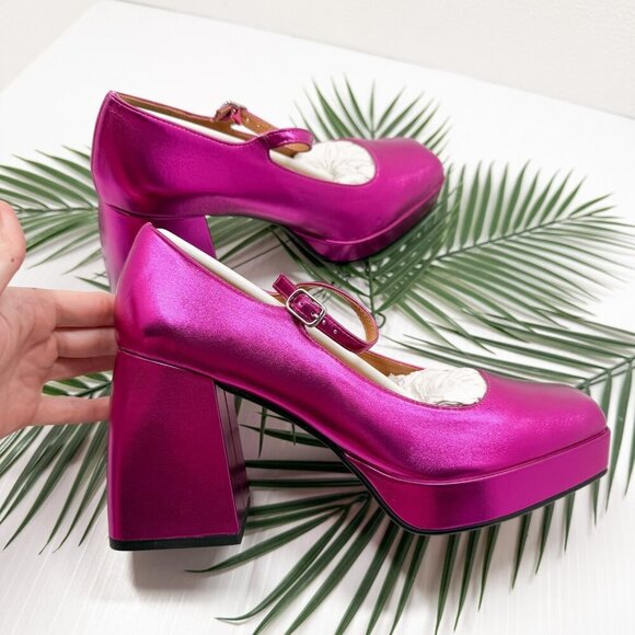 Lisa Vicky Shoes Womens Size 9 Platform Mary Jane Heels NOTICE-V Raspberry Metal - Picture 9 of 12
